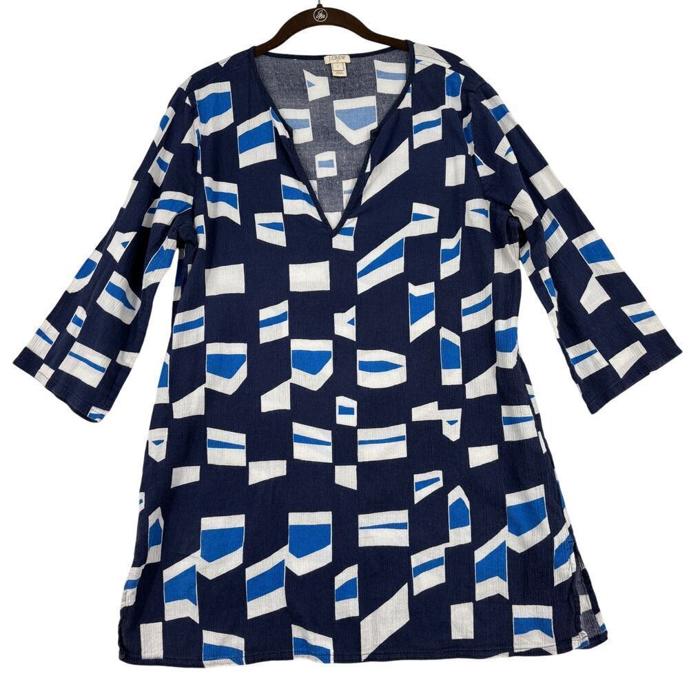 J. Crew Tunic‎ Womens Size L Blue White Geometric Print Gauzy Cotton 3/4 Sleeve